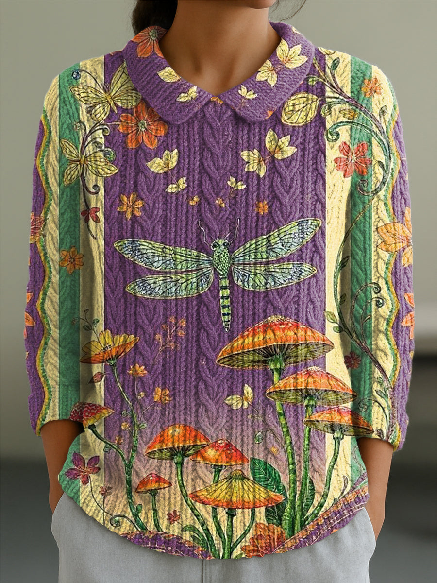 womens-beautiful-psychedelic-butterfly-flowers-mushrooms-illustration-art-print-casual-peter-pan-collar-3-4-sleeve-sweater