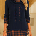 Women's Plaid Patchwork Pile Neck Long Sleeve Casual Loose Knit Top