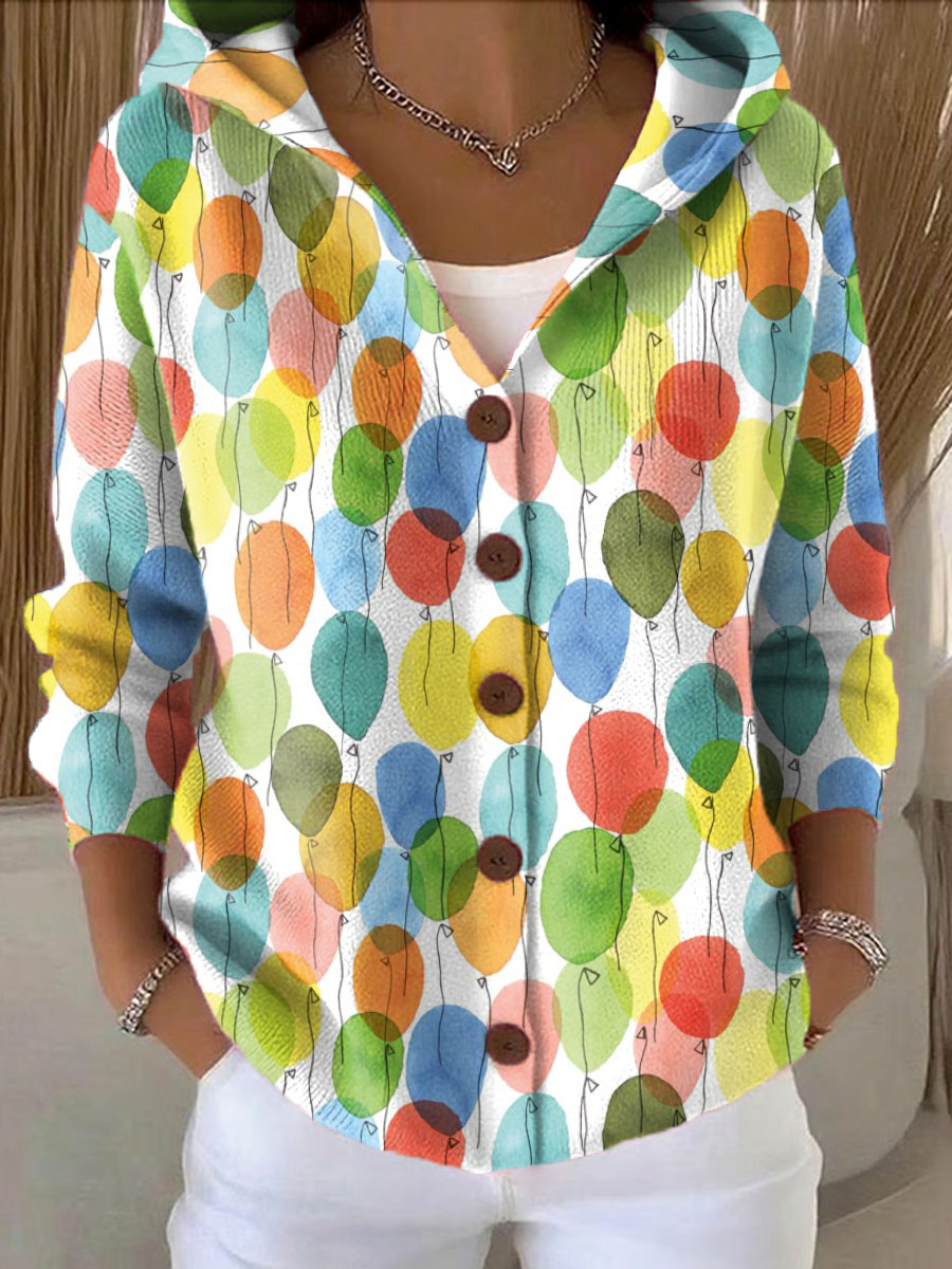 Women's Colorful Balloons Printed Casual Hooded Button Sweater
