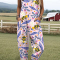 Women's  Funny Flower Bee Art Print Casual 100% Cotton Wide Leg Jumpsuit