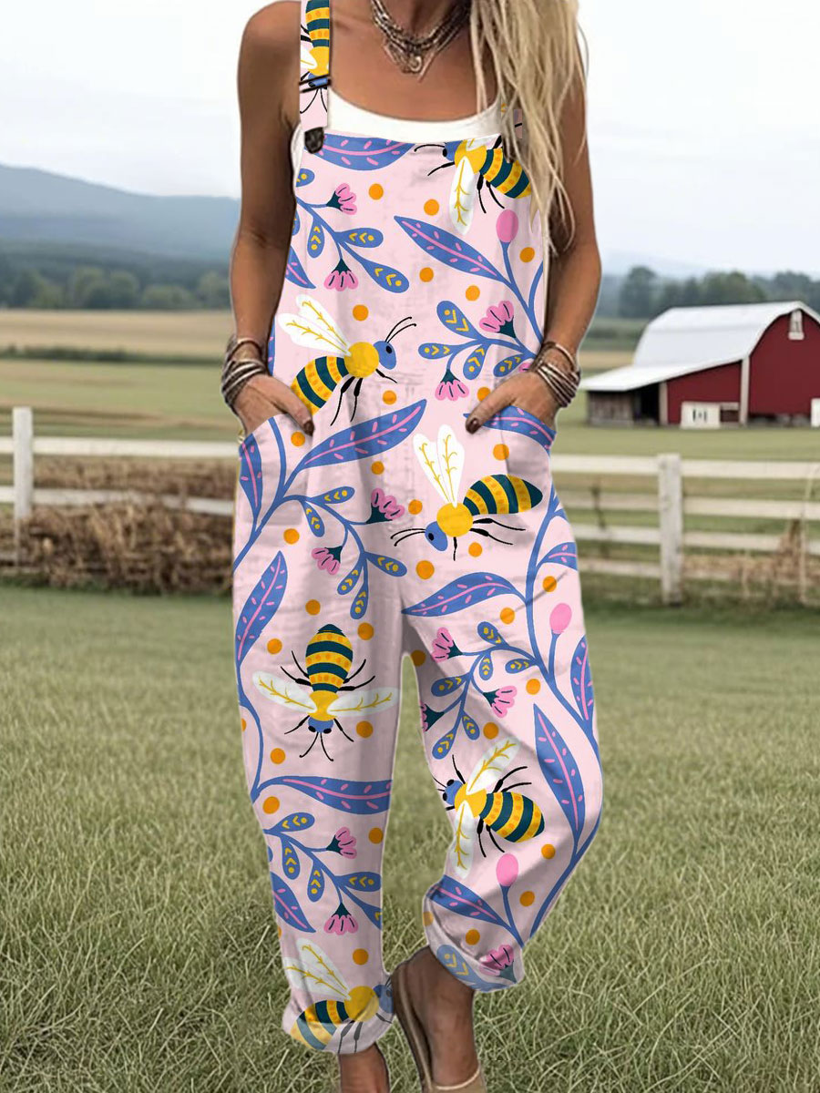 Women's  Funny Flower Bee Art Print Casual 100% Cotton Wide Leg Jumpsuit