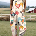 Women's Lovely Chicken Art Print Casual 100% Cotton Wide Leg Jumpsuit