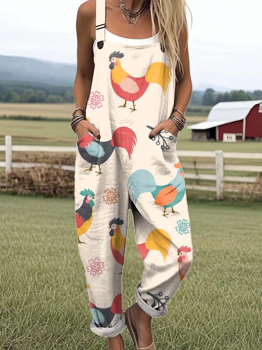 Women's Lovely Chicken Art Print Casual 100% Cotton Wide Leg Jumpsuit