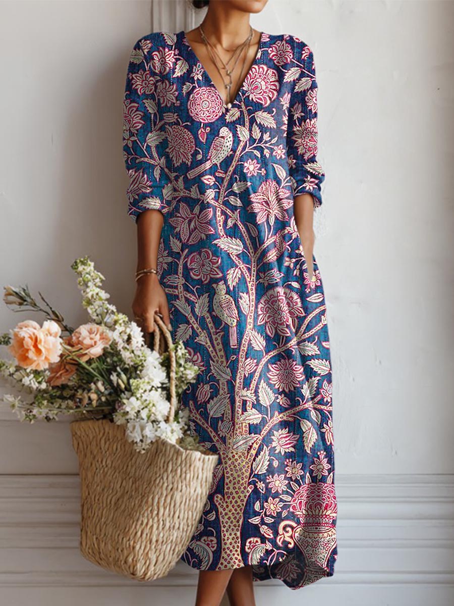 Women's Vintage Floral Art Print Casual Cotton Linen Pocket Dress