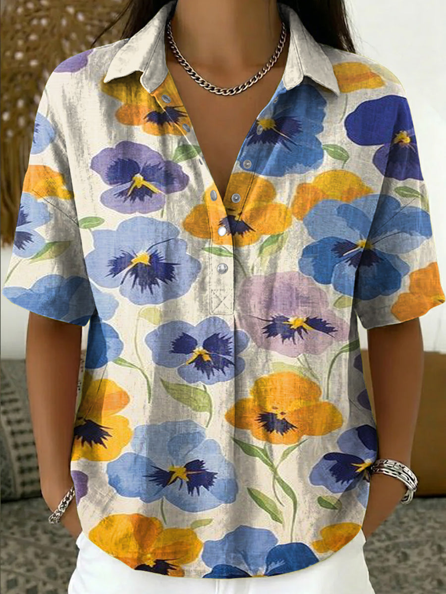 Women's Vintage Floral Art Print Cotton-linen Short-sleeve Shirt