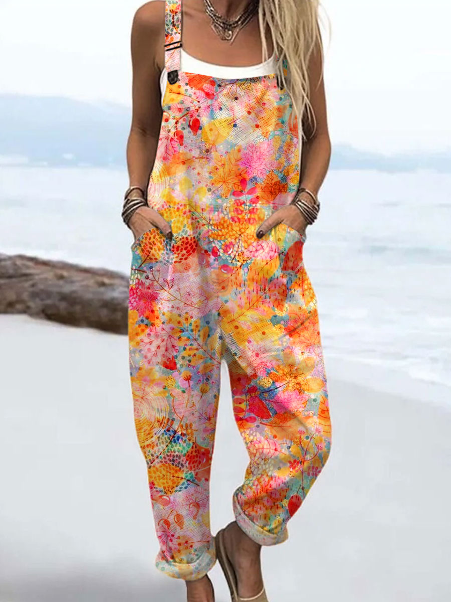 Women's  Vintage Abstract Geometric Art Print Casual 100% Cotton Wide Leg Jumpsuit