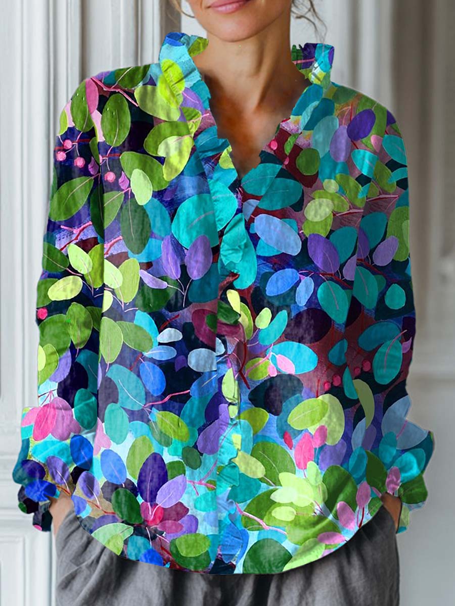 Women's Vintage Leaf Pattern Art Print Casual Cotton And Linen Ruffle Shirt