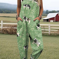 Women's Lovely Cow Art Print Casual 100% Cotton Wide Leg Jumpsuit
