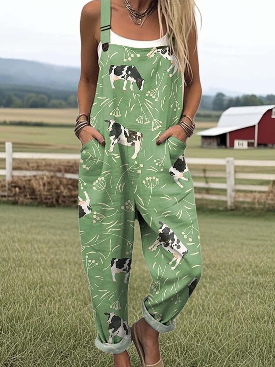 Women's Lovely Cow Art Print Casual 100% Cotton Wide Leg Jumpsuit
