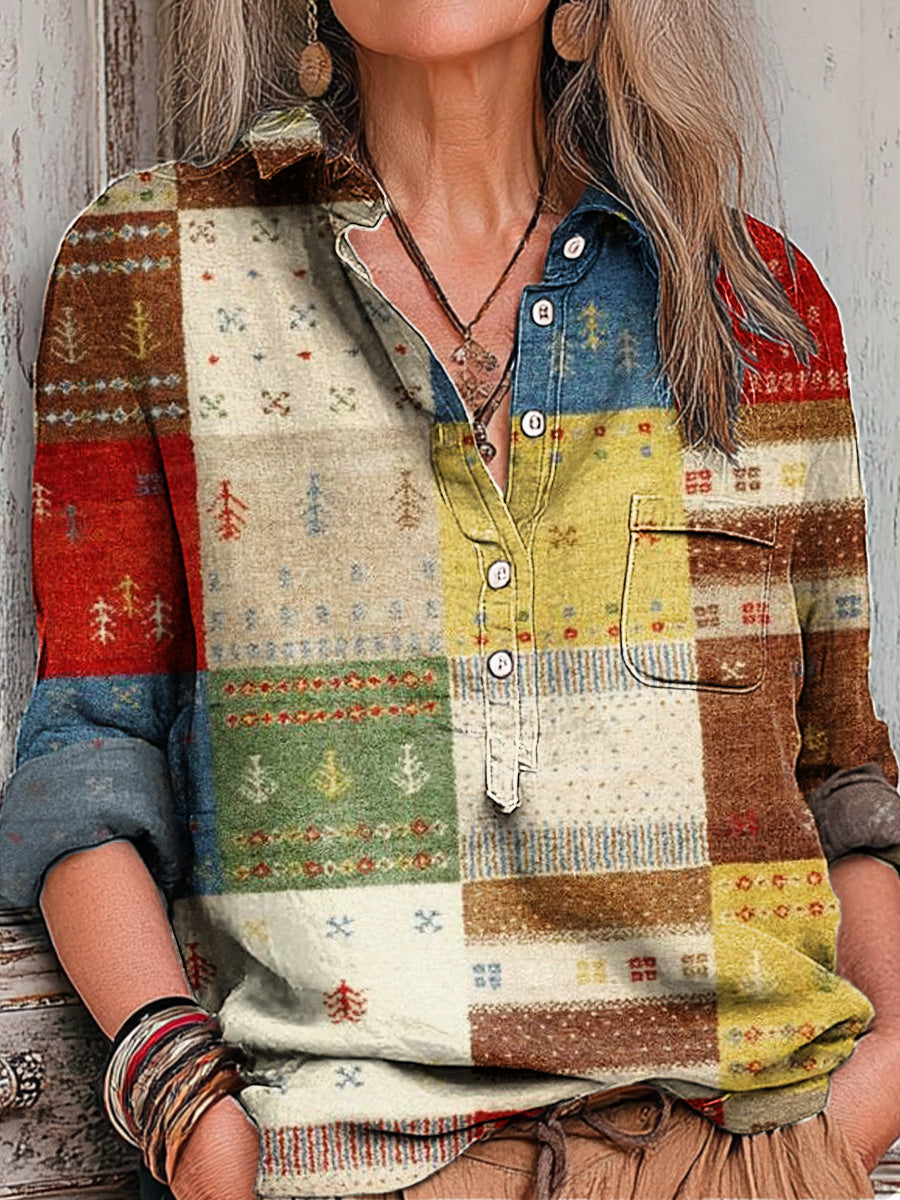 Women's  Vintage Ethnic Colorful Geometric Plaid Art Print Casual Cotton And Linen Shirt