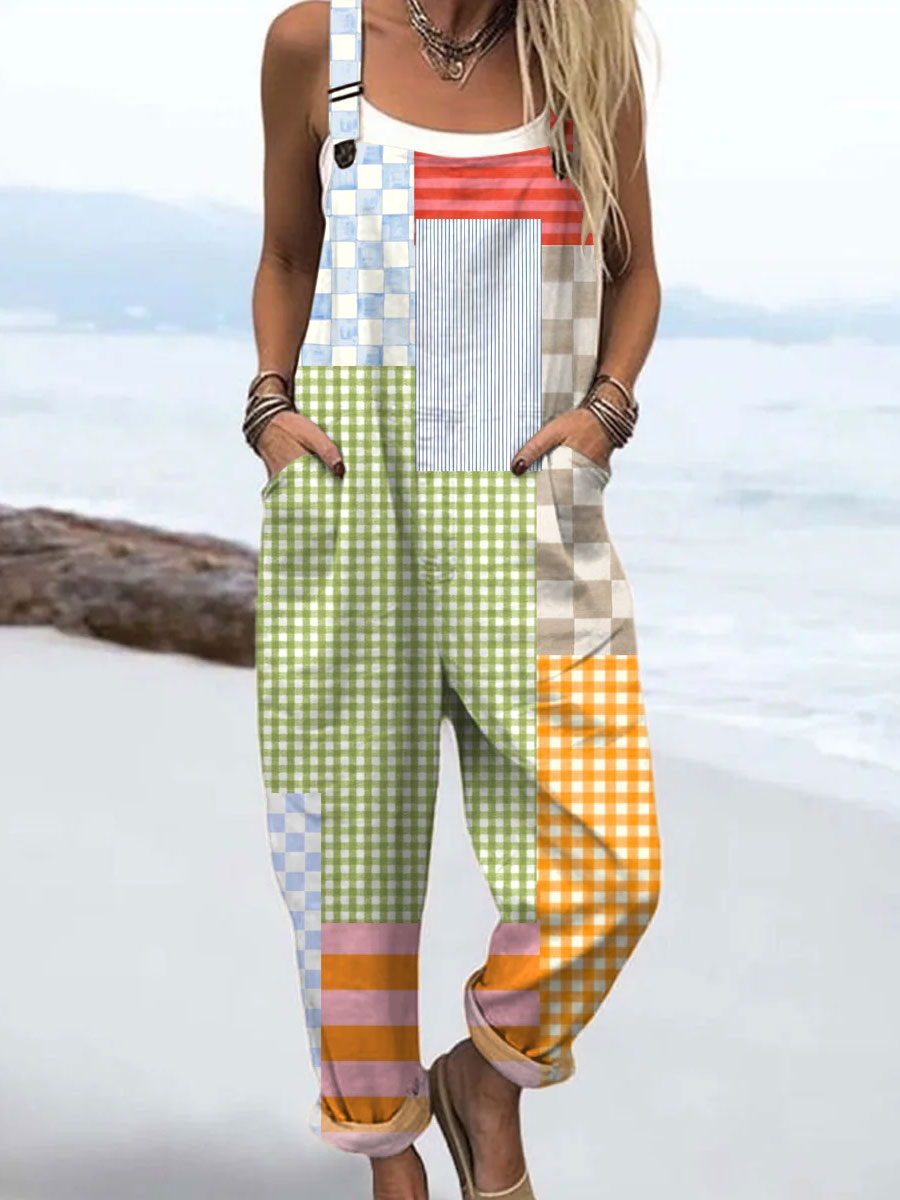 Women's  Vintage Abstract Geometric Art Print Casual 100% Cotton Wide Leg Jumpsuit