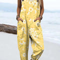 Women's Yellow Art Little Pheasant Chrysanthemum Print Casual 100% Cotton Wide Leg Jumpsuit