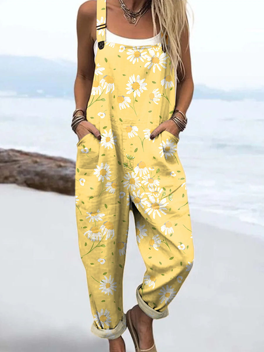 Women's Yellow Art Little Pheasant Chrysanthemum Print Casual 100% Cotton Wide Leg Jumpsuit