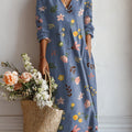 Women's Colorful Cute Floral Painting Art Print Linen Pocket Dress