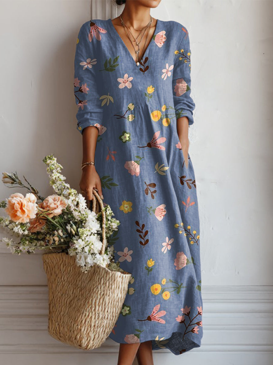 Women's Colorful Cute Floral Painting Art Print Linen Pocket Dress