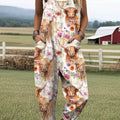 Women's Lovely Cow Floral Pattern Art Print Casual 100% Cotton Wide Leg Jumpsuit