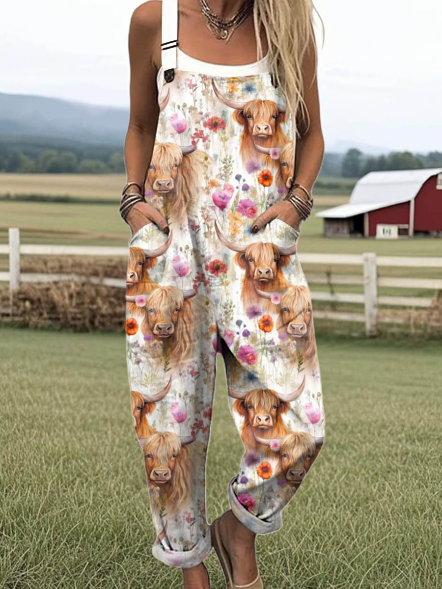 Women's Lovely Cow Floral Pattern Art Print Casual 100% Cotton Wide Leg Jumpsuit