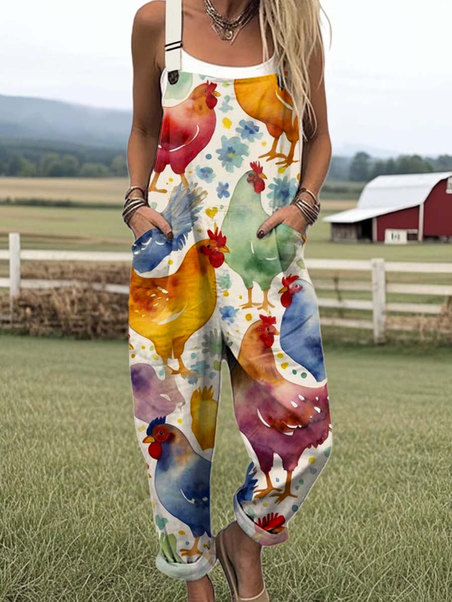 Women's Lovely Chicken Art Print Casual 100% Cotton Wide Leg Jumpsuit