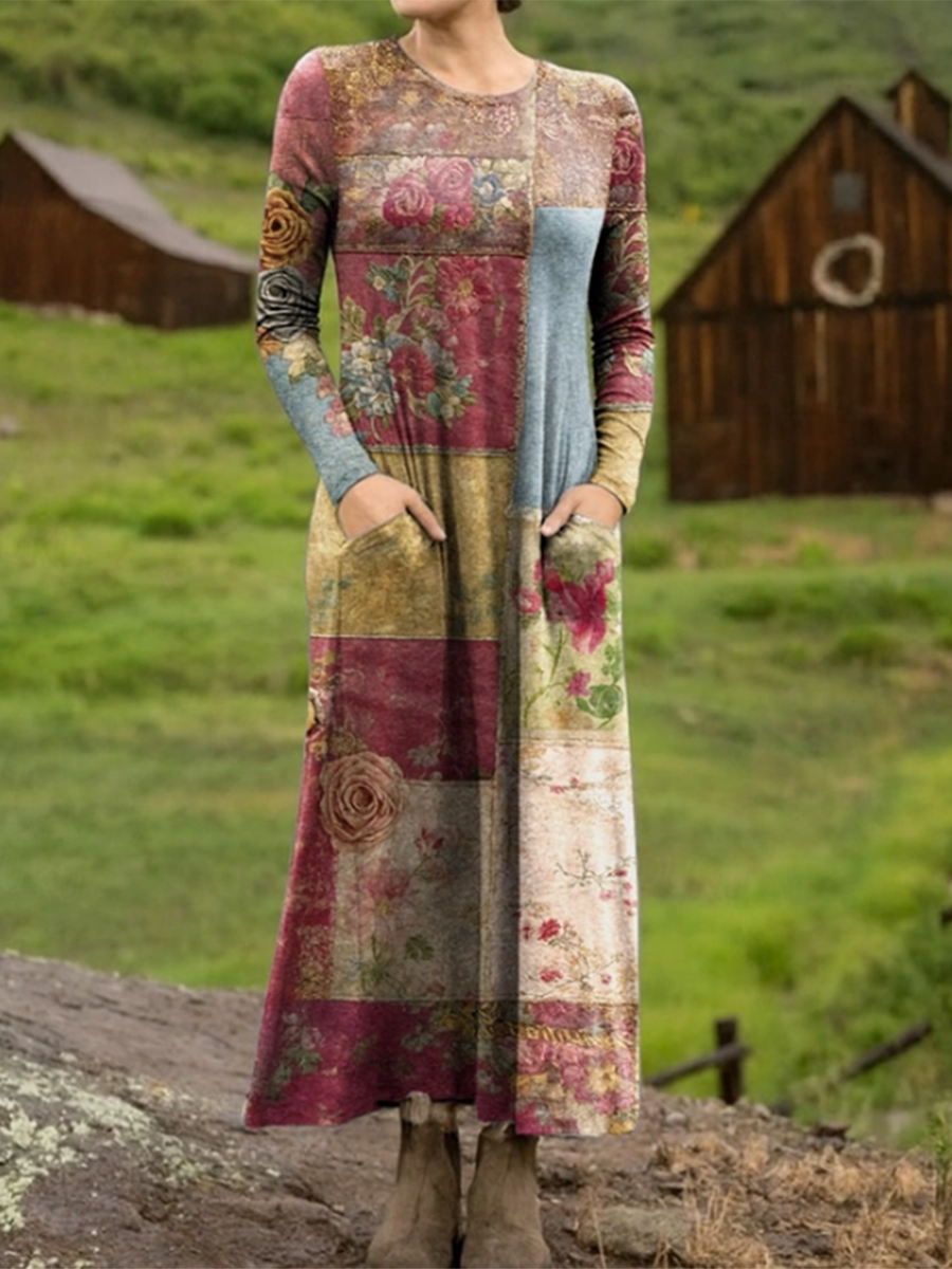 Autumn and Winter Retro Flower Patchwork Print Stretch Dress