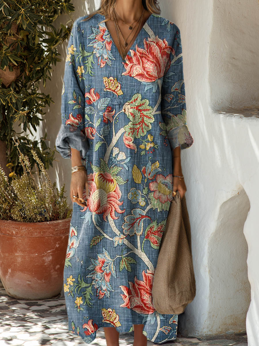 Women's Vintage Floral Pattern Art Print Cotton Dress