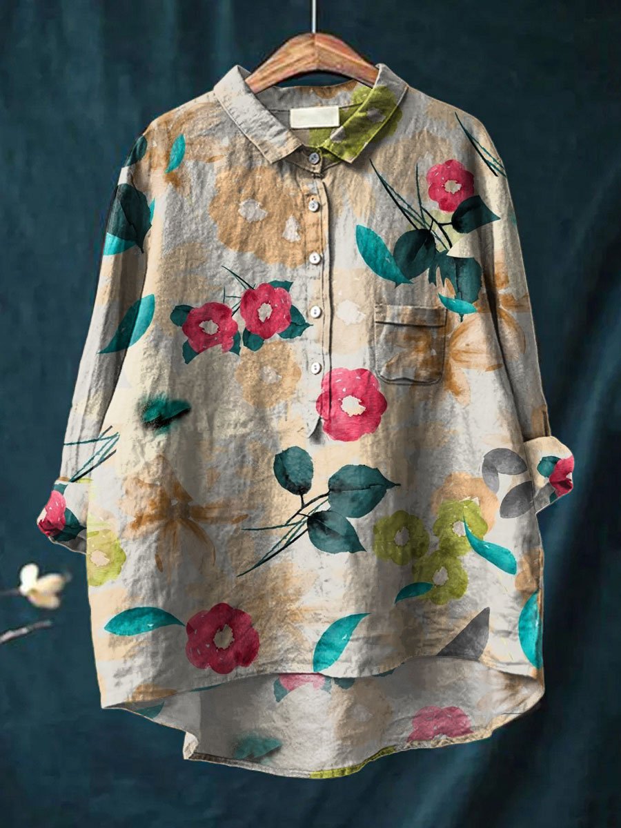 Women's  Flower Print Casual Cotton And Linen Shirt