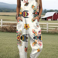 Women's Vintage Funny Bee Art Print Casual 100% Cotton Wide Leg Jumpsuit