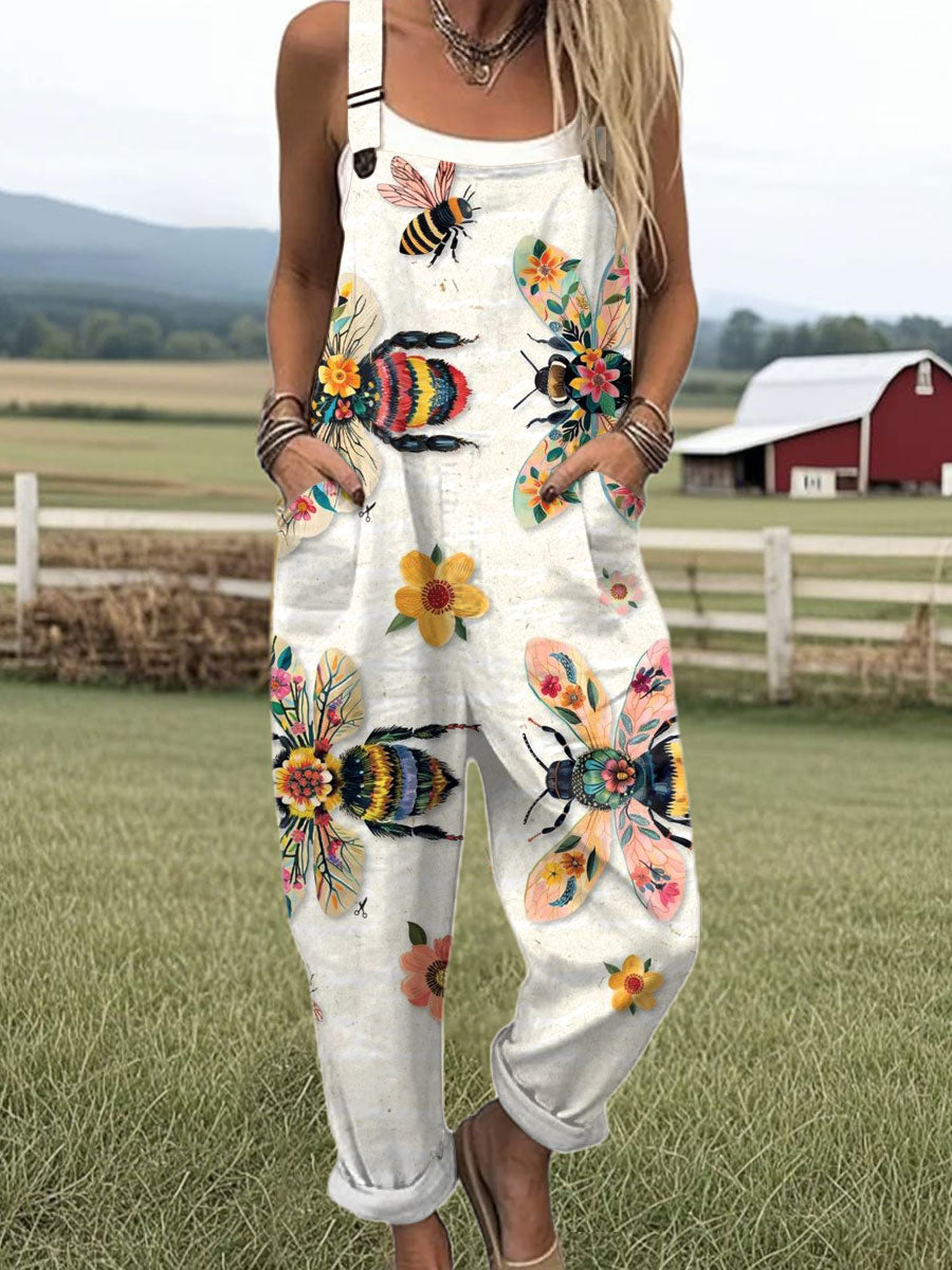 Women's Vintage Funny Bee Art Print Casual 100% Cotton Wide Leg Jumpsuit