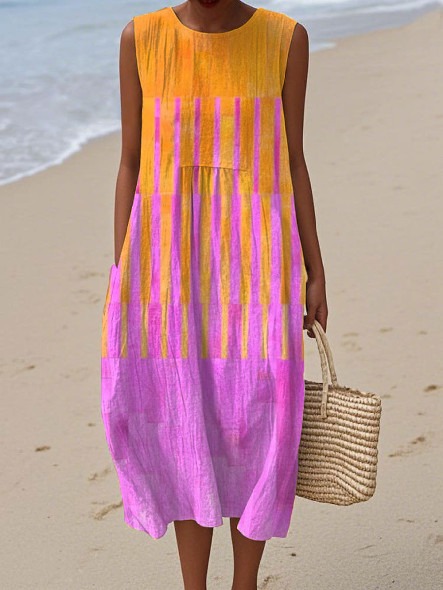 Women's Vintage Abstract Geometric Art Print Sleeveless Cotton Pocket Wrap Dress