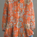 Women's Floral Art Print Casual Cotton And Linen Ruffle Shirt