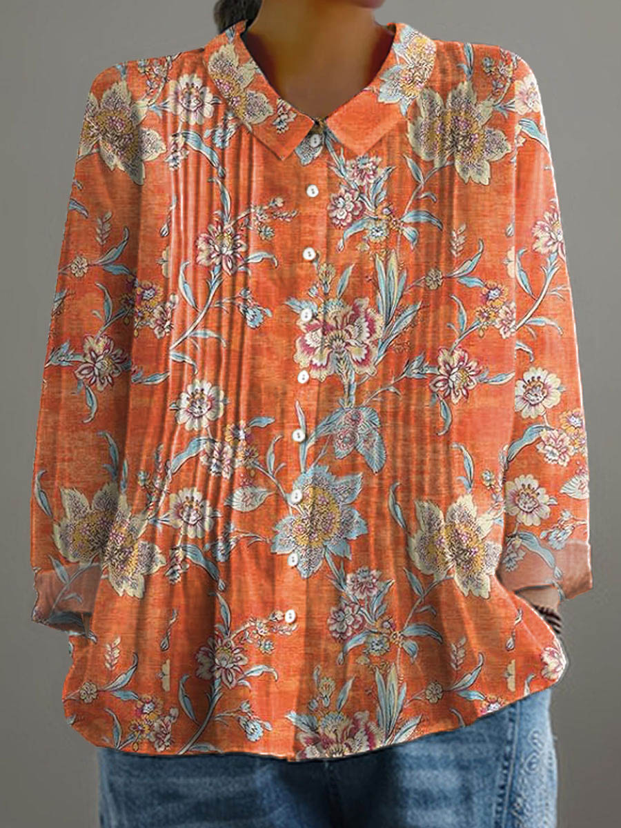 Women's Floral Art Print Casual Cotton And Linen Ruffle Shirt