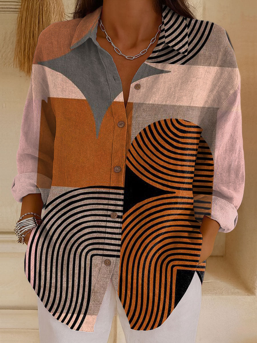 Women's  Vintage Abstract Geometry Art Print Casual Cotton Shirt