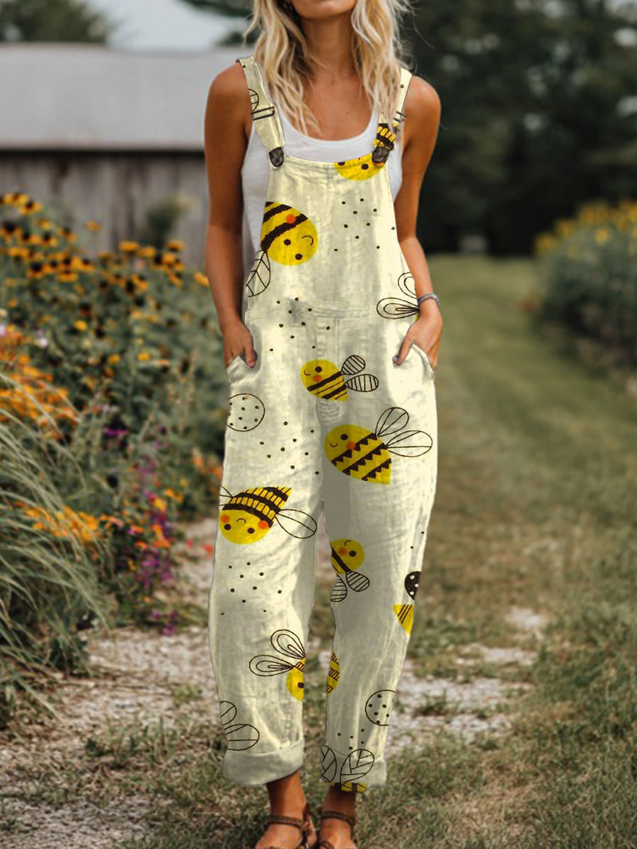 Women's  Funny Bee  Art Print Casual 100% Cotton Wide Leg Jumpsuit