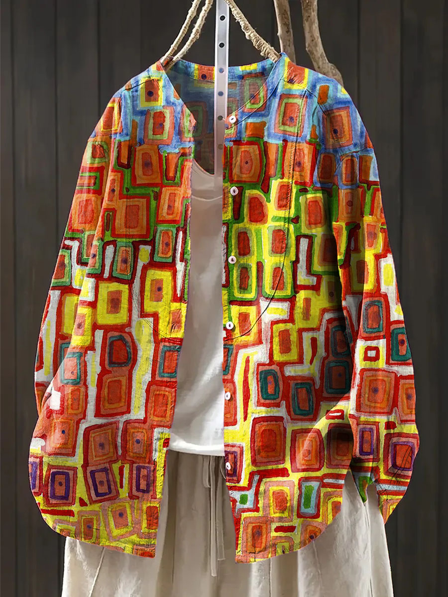 Women's Geometric Pattern Art Print Casual Cotton And Linen Shirt