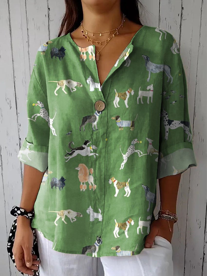 Women's Vintage Lovely Dogs Art Print Casual Cotton Linen Shirt