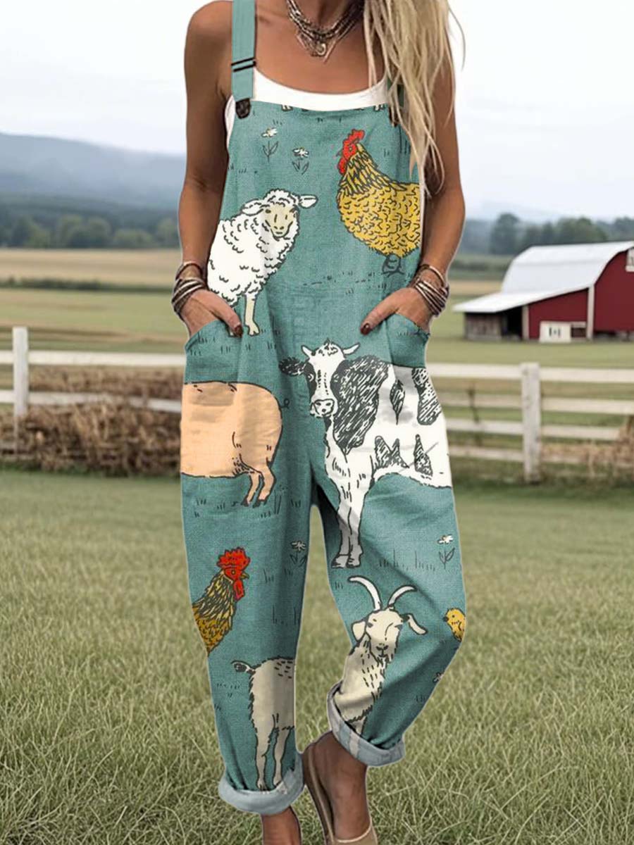 Women's Funny Animals Pattern Art Print Casual 100% Cotton Wide Leg Jumpsuit