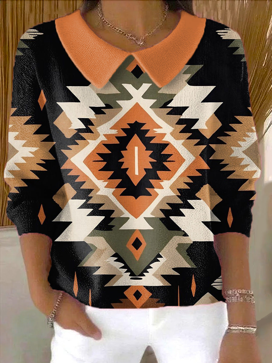 womens-vintage-ethnic-rhombus-geometric-painting-art-print-casual-peter-pan-collar-3-4-sleeve-sweater-musf