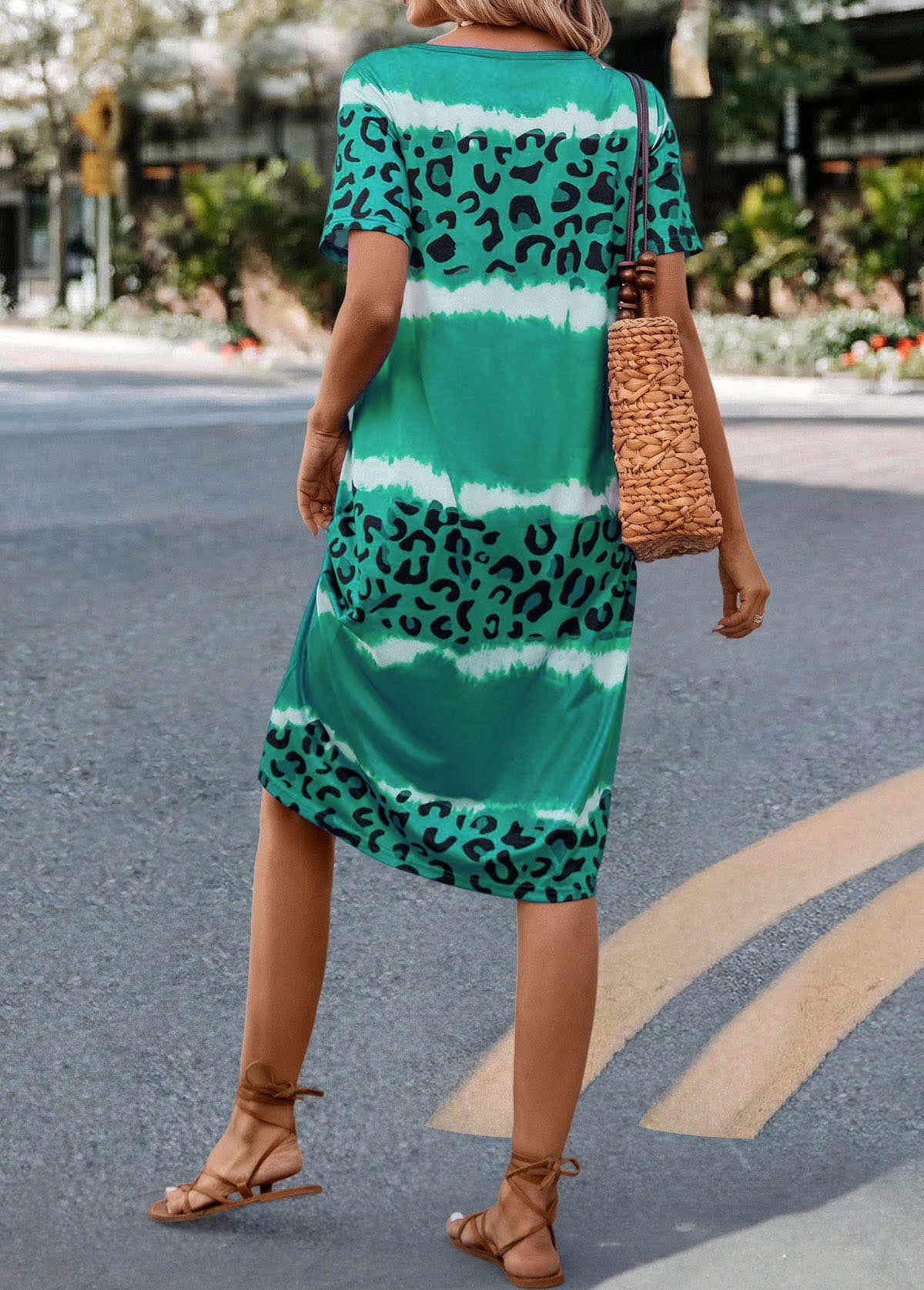 Green Leopard H Shape Short Sleeve Dress