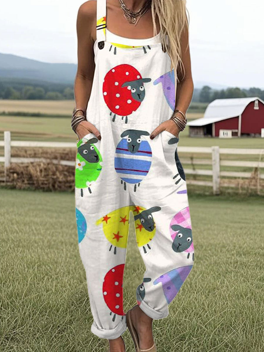 Women's Farm  Funny Sheep Art  Print Casual 100% Cotton Wide Leg Jumpsuit