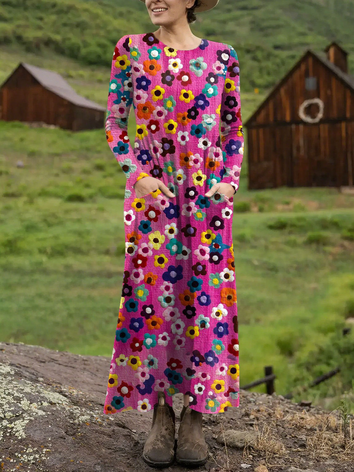 Women's Vintage Flower Art Printed Long-sleeved Casual Dress