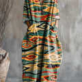 Women's Vintage Art Pattern Print Pocket V-neck Cotton Dress