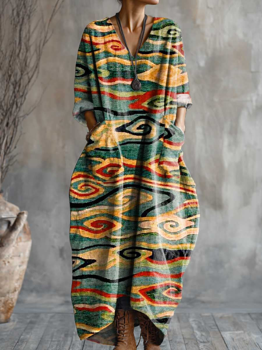 Women's Vintage Art Pattern Print Pocket V-neck Cotton Dress