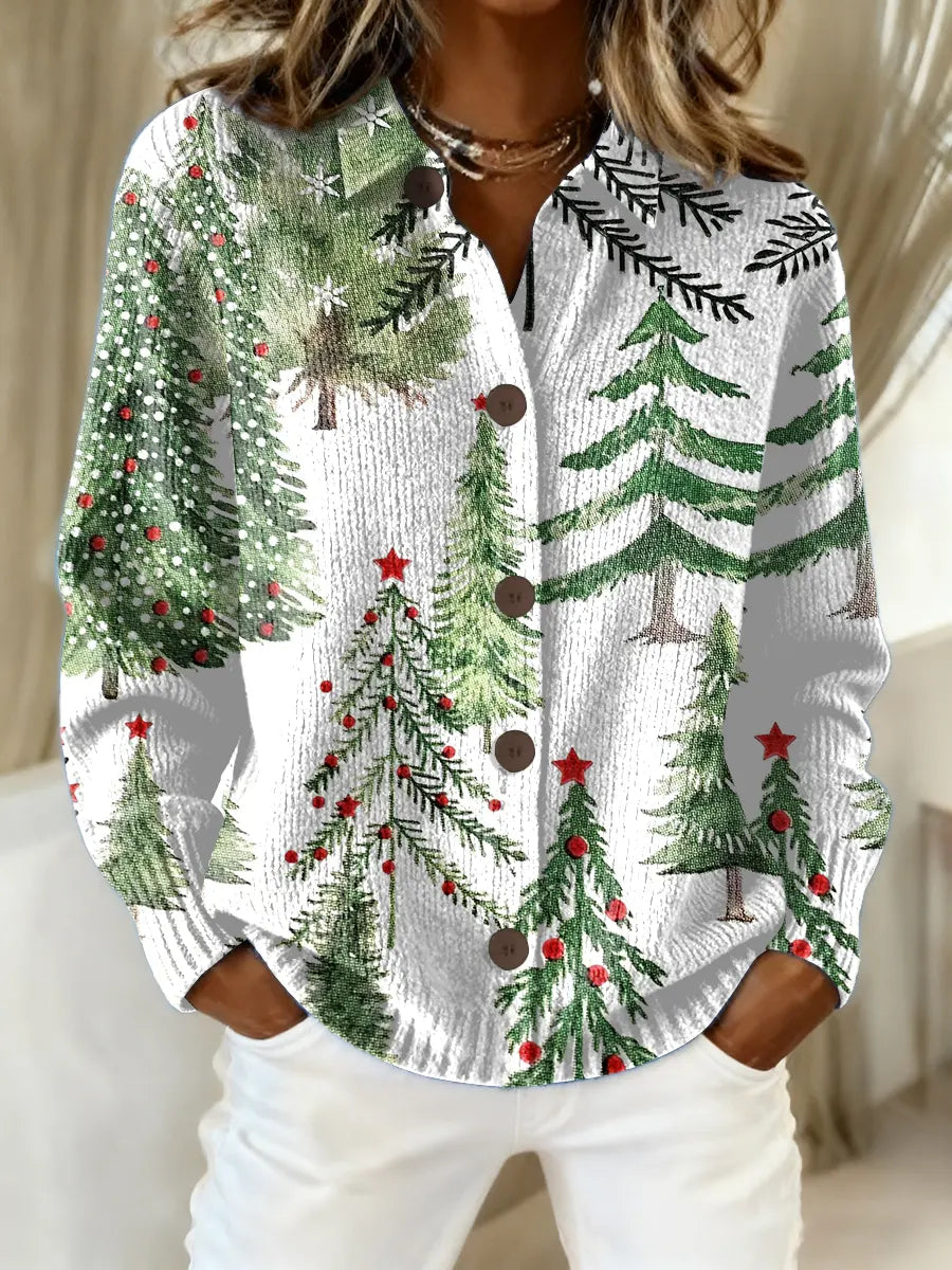 Women's Vintage Christmas Tree Art Print Casual Sweater