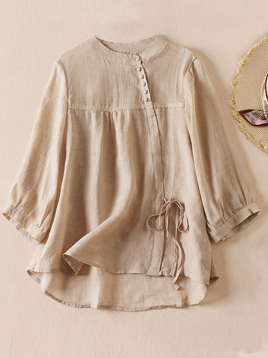 Women's  Solid Color Stand Collar Casual Pullover Chinese Style Cotton And Linen Shirt