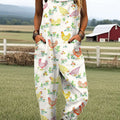Women's Vintage Funny Animal Farm Chicken Flower Art Print Casual 100% Cotton Wide Leg Jumpsuit