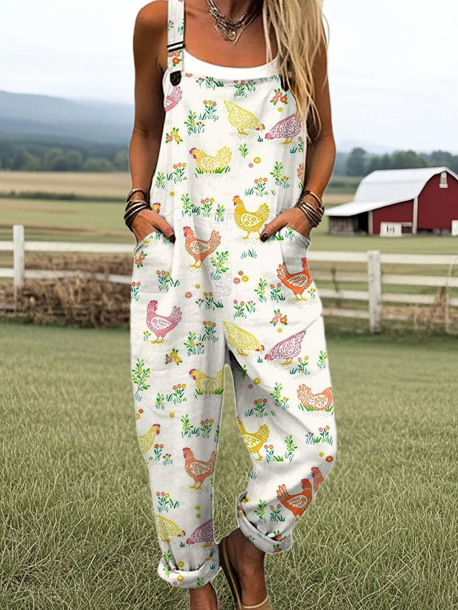 Women's Vintage Funny Animal Farm Chicken Flower Art Print Casual 100% Cotton Wide Leg Jumpsuit