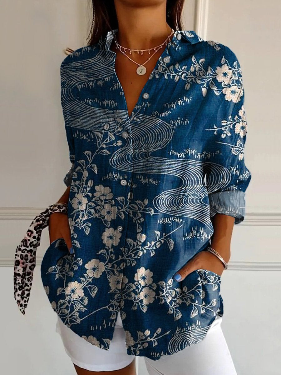 Japanese Style Cherry Blossom And River Stream Art Printed Women's Casual Cotton Shirt