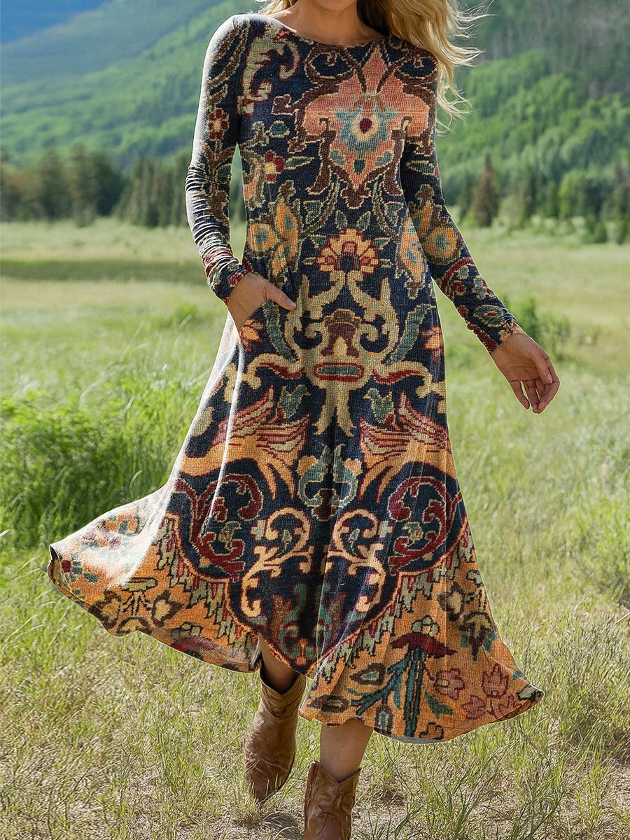 Women's Beautiful Vintage Ethnic Floral Art Print Long-sleeved Dress