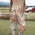 Women's  Farm Highland Cattle Floral Art Print Casual 100% Cotton Wide Leg Jumpsuit