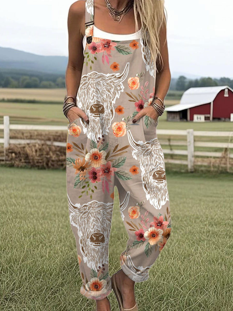 Women's  Farm Highland Cattle Floral Art Print Casual 100% Cotton Wide Leg Jumpsuit