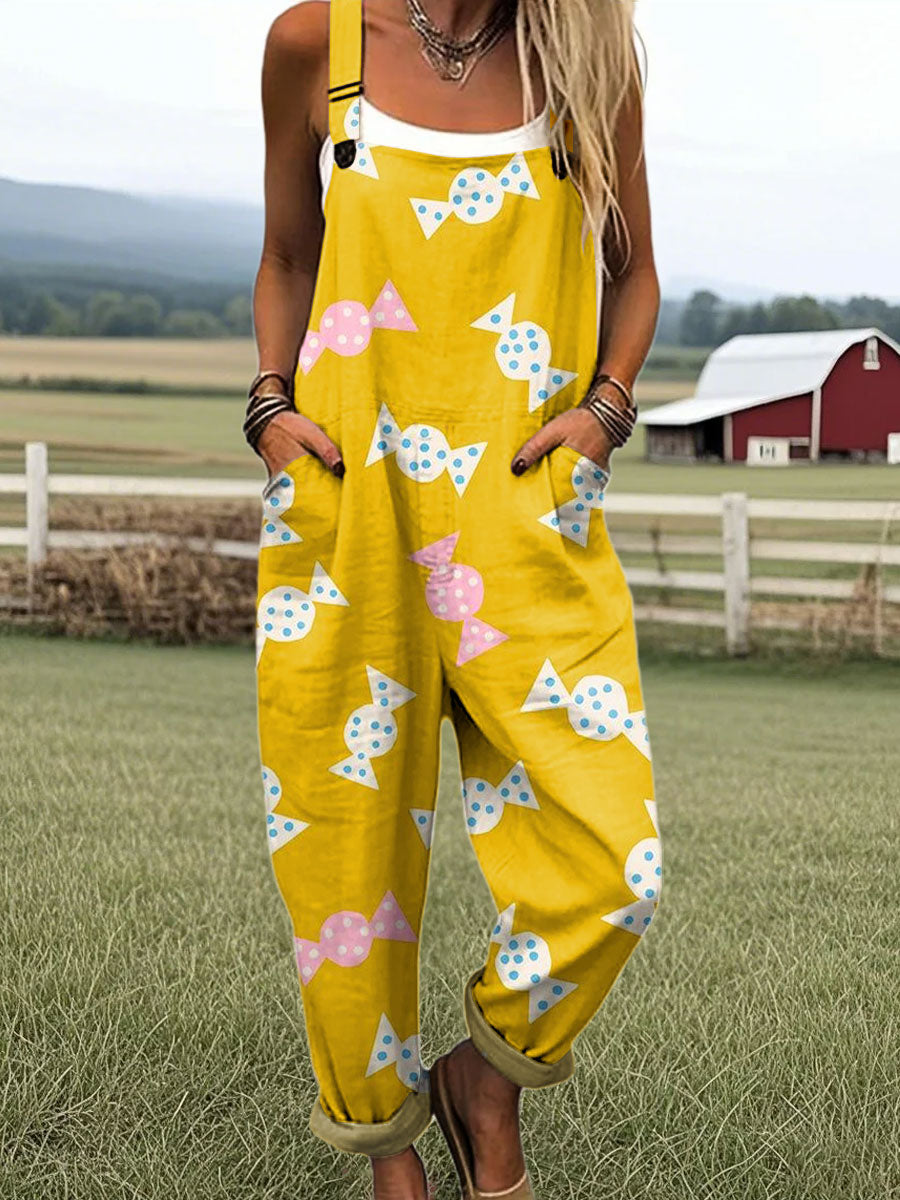 Women's Fashion Candy Art Print Casual 100% Cotton Wide Leg Jumpsuit